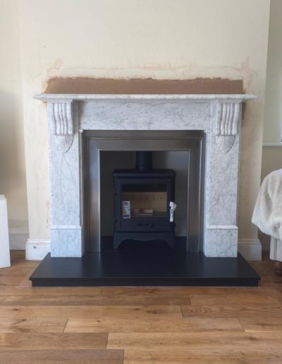3494 Acquisitions Victorian Carved Corbel in Carrara marble, slate hearth, polished cat panel and Bassington stove